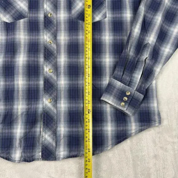Vintage Wrangler Western Plaid Snap Button Shirt Blue Cowboy Workwear Men Size L - Picture 5 of 9
